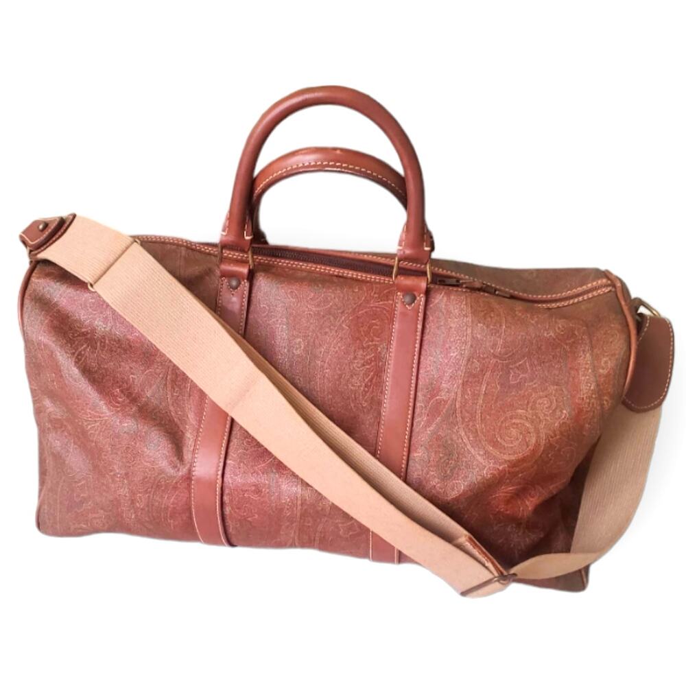Etro Boston 50 Bag Brown Mauve Leather Paisley Strap Poignet Classic Chic Retro